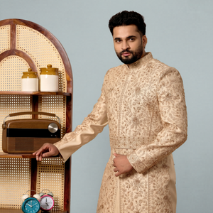 Dense Floral Jaal Pattern Wrinkle Free Mandarin Collar Festive Wedding Mens Sherwani Premium Divine Touch Base Gold Beads Suit - Product Image 1
