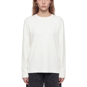 Camiseta Blanca de Manga Larga para Mujer, Cuello Redondo, Algodón Liso, Básica, Casual, al por Mayor - Product Image 1