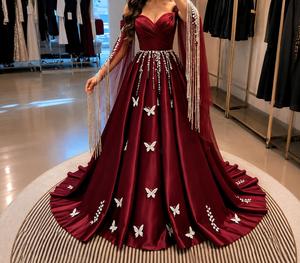 Luxury Burgundy Satin Floor-Length Ball Gown Women Designer Evening Party Dress Natural Watteau Train Butterfly Embroidery - Product Image 1