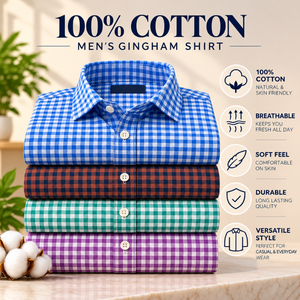 เสื้อเชิ้ตผ้าฝ้ายแท้ 100% ลายตารางสำหรับผู้ชาย เนื้อผ้านุ่ม ระบายอากาศได้ดี ทรงปกติ ปกเสื้อพับได้ สวมใส่สบายๆ ขายส่งเสื้อผ้าจากอินเดีย - Product Image 5