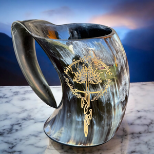 FAIZA CRAFT Chope à boire artisanale en corne de buffle, style viking africain moderne, gravée, pour bière, hydromel, bière artisanale - Compatible lave-vaisselle, faible hauteur - Product Image 4