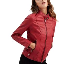 Blouson de moto unisexe en cuir PU rouge respirant avec logo frontal, col montant, fermeture éclair, coupe ajustée, longueur standard, style hiver - Product Image 1