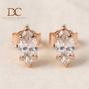 Boucles d'oreilles solitaires en or rose massif 14 carats avec diamant de laboratoire taille marquise pour femme, bijoux fins de luxe minimalistes pour mariage - Product Image 3