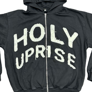 เสื้อฮู้ดซิป Holy Uprise ทรงโอเวอร์ไซส์ สตรีทแวร์ ผู้ชาย ผ้าฝ้ายถัก 100% ปักโลโก้ด้านหน้าด้วยมือ แขนเสื้อปกติ สำหรับฤดูใบไม้ร่วง - Product Image 1