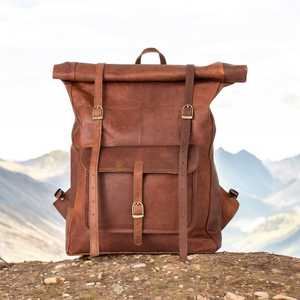 Vintage Leather <b>Roll</b> Top <b>Backpack</b> 100% Genuine Cowhide Travel Bag Mens Large Capacity Laptop Rucksack LTBP-0041 - Product Image 1