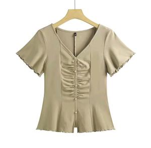 Camiseta de punto de talla grande con cuello con volantes y manga larga, color liso, estilo que rejuvenece, para mujer, colección otoño - Product Image 3