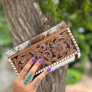 Cartera larga de cuero con herramientas a mano a la moda para mujer, cartera multifunción de cuero genuino para tarjetas de crédito, embrague de piel de vaca - Product Image 2