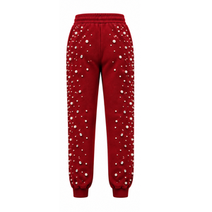 <b>Red</b> Pearl Beaded Jogger Pants <b>Women</b> Fashion Embellished Drawstring Sweatpants Luxury Casual Streetwear Fleece <b>Trousers</b> - Product Image 2