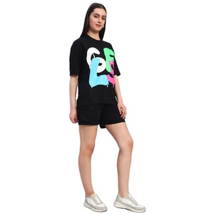 2026 New Arrival Black Matching <b>Set</b> for Women Casual Regular Fit Soft Cotton Breathable Summer Colorful Letter Print Tee Short - Product Image 3