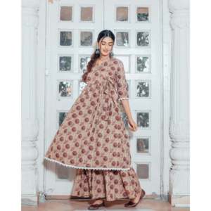 Ensemble assorti Kurta floral violet brun avec manches trois-quarts, taille XS - Product Image 2