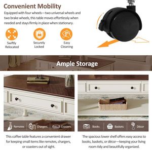 Tavolino da Caffè Stile Country con Un Cassetto, Facile Montaggio, Design Retrò, Tavolo Cocktail Rettangolare Mobile con Ruote Bloccabili - Product Image 6