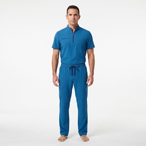 Men's Hospital Medical Scrub Suit Polyester Blue Scrub Half Zip Top with Pocket Drawstring Pants Healthcare <b>Uniform</b> - Product Image 5