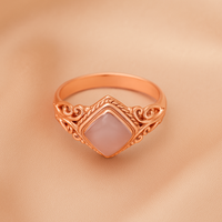 Bague en argent 925 avec pierre précieuse en quartz rose carré, filigrane orné, plaqué or rose, sertissage à la française, bijou de déclaration