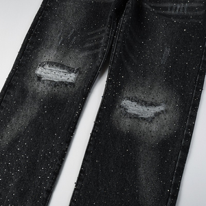 Jeans de mezclilla holgados, desgastados y rotos con pedrería, estilo vintage, lavados, transpirables, estilo urbano, apilados, tipo biker, elásticos, para 4 estaciones - Product Image 2