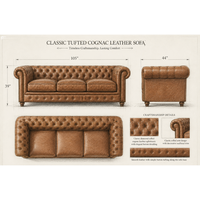 Sofá Cama Moderno de Cuero Marrón Estilo Mid-Century, 3 Plazas, Tapizado con Botones, Brazos Enrollados, para Sala de Estar, Oficina, Hotel, Vestíbulo, Villa