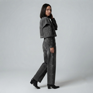 Ensemble veste et pantalon en jean noir avec croix en strass personnalisée, collection de vêtements streetwear tendance, design unisexe et confortable par SHY - Product Image 6