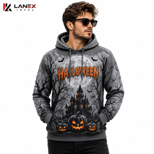 Sweat à capuche unisexe personnalisé en polyester gris, motif citrouille d'Halloween et maison hantée, style gothique streetwear, par sublimation - Product Image 1