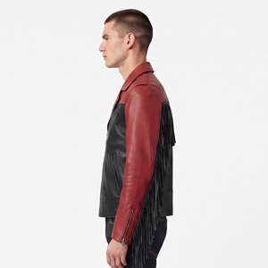 Veste en cuir à col rabattu pour homme, veste en cuir à franges avec fermeture éclair, veste en cuir à franges avec ceinture pour homme - Product Image 3