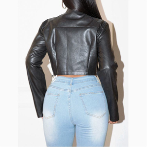Chaqueta de Motociclista de Cuero Genuino para Mujer, Cuello Alto, Manga Larga, Cierre de Cremallera, Estilo Otoñal, Corta - Product Image 2