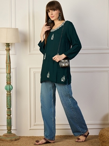 Women's Dark Green Viscose Kurta with Embroidered Neck and Floral Details Loose Fit Midi Length Casual Indian Ethnic Wear - Product Image 1