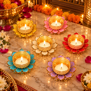 Decorative Lotus Tealight Holder Pack of 6 Mix <b>Colours</b> for Diwali Decoration Home Decor Festive Table Candle Holder <b>Set</b> - Product Image 3