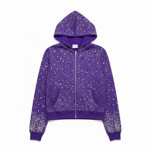 Prix d'usine – Nouvelle veste à capuche zippée oversize en molleton de coton mélangé avec strass sur toute la surface, personnalisable avec logo, pour homme – Collection Hiver Glamour - Product Image 4