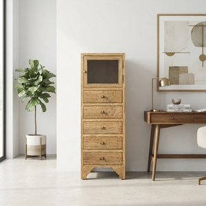 Solid Wood Storage Drawer <b>Cabinet</b> Modern Rustic Glass Door 5 Drawer Chest Natural Teak Style Wooden Drawers Carts Furniture - Product Image 3