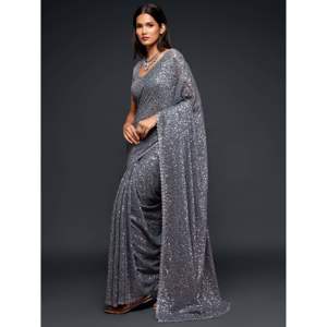 Superbe saree gris ardoise pailleté en georgette pour robes de cocktail - Product Image 5