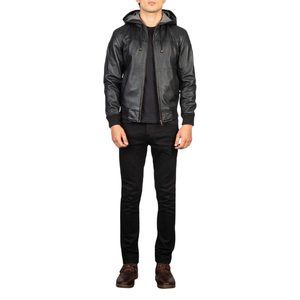 Veste bomber en cuir PU noire à capuche pour homme, fermeture éclair, coupe-vent, manteau d'hiver décontracté - Product Image 1