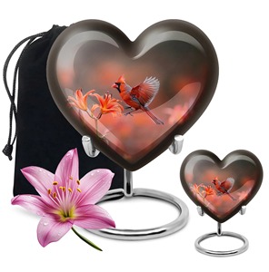 Urne funéraire décorative en forme de cœur d'oiseau cardinal rouge avec motif de fleurs de cerisier, urne commémorative pour cendres avec support métallique personnalisé - Product Image 6