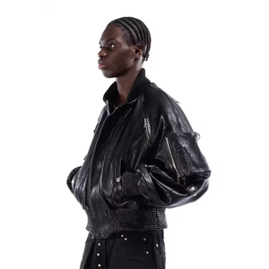 Chaqueta Bomber de Cuero PU Negra para Hombre, Cierre de Cremallera, Cuello Camisero, Manga Regular, Estilo Moto, Ropa de Otoño - Product Image 3