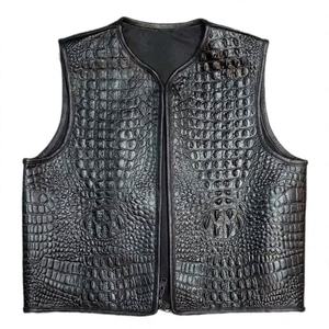 Gilet en cuir véritable pour homme, style motard, effet crocodile, fermeture éclair, vêtement d'extérieur d'automne, sans col, longueur standard - Product Image 3