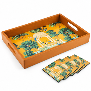 ถาดเสิร์ฟไม้เคลือบลายพืชสมัยใหม่ทำมือ พร้อมจานรองแก้ว 4 ใบ |   ของตกแต่งบ้านสำหรับโต๊ะอาหารในครัวที่มีลักษณะศิลปะ - Product Image 1