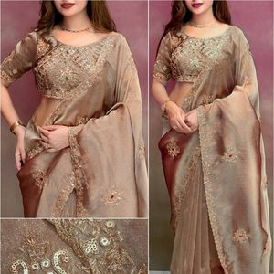 Luxury Rose <b>Gold</b> Saree with Full Zari and Sequin Embroidery With Cutwork and Stone Work With Unstitched <b>Blouse</b> by Royal Export - Product Image 6