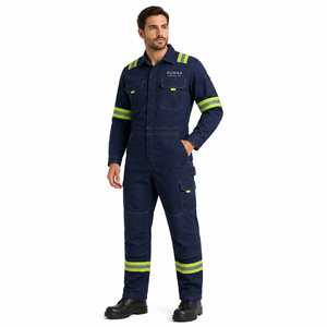 Navy Blue Lime Yellow Reflective Hi Visibility Industrial Work Coverall Heavy Duty Spandex <b>Waterproof</b> <b>Overall</b> Utility Pockets - Product Image 5