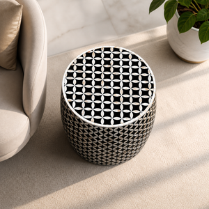 Geometric Bone Inlay Drum Side <b>Table</b> Round Accent <b>Stool</b> Modern Living Room Ottoman - Product Image 3
