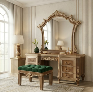 Cream vintage-style carved wooden vanity <b>table</b> with mirror and tufted stool, available at wholesale prices. - Product Image 2