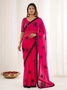 Indian Traditional Ethnic Beautiful Georgette Saree with Embroidery <b>Sequins</b> Work for Women Wedding <b>Party</b> Wear Elegant Outfit - Product Image 1