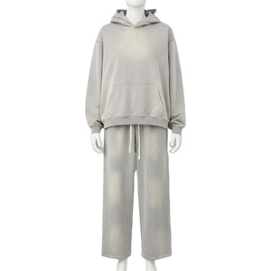 Ensemble de survêtement en molleton de coton délavé pour homme – Sweat à capuche et pantalon de couleur unie, respirant, pull chaud pour l'hiver - Product Image 1