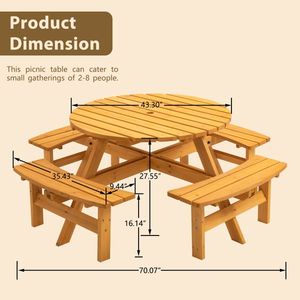 Tavolo da Picnic Circolare in Legno per 8 Persone con 3 Panche Integrate per Patio, Cortile o Giardino, Design Naturale Elegante - Product Image 2