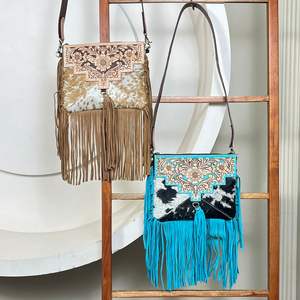Designer Premium Style Hand Tooled Cowhide Leather Fringe Sling Bag Floral Pattern Boho Shoulder Crossbody Purse for Women's - Product Image 5