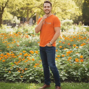 เสื้อยืดลำลองผู้ชาย ผ้าคุณภาพพรีเมียม แขนสั้น สีส้ม พร้อมโลโก้แบบกำหนดเอง - Product Image 5