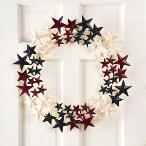 Patriotic Star Wreath Featuring Clusters Of Dimensional Metal Stars Painted In Modern Red, White, And Navy Blue Tones For Decor - Product Image 3