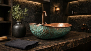 Vasque en cuivre artisanale, patine verte, lavabo de salle de bain rustique et luxueux, lavabo décoratif en cuivre pour salle de bain moderne - Product Image 4