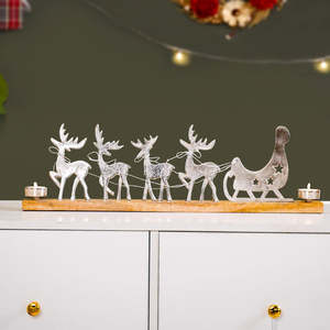 Luxury Aluminium & Mango Wood Reindeer Sleigh <b>Christmas</b> Decor with Wooden Base Traditional Handicraft - Product Image 2