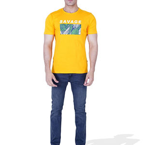 <b>Savage</b> <b>Men's</b> Yellow Short Sleeve O-Neck T-Shirt Regular Fit Printed Tropical Pattern Casual Jersey Cotton - Product Image 1