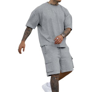 Conjunto de camiseta y pantalones cortos casuales de verano para hombre, color negro, cuello redondo, manga corta, color sólido, tejido de punto, 100% algodón, pantalones cortos cargo. - Product Image 6