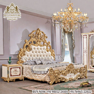Grand Palace Style Bedroom Suite with <b>Gold</b> Finish Carving Princess Bedroom Set with <b>Side</b> <b>Table</b> Imperial Style Wooden Bed USA - Product Image 5