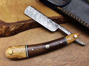 Navaja de Afeitar Profesional de Acero de Damasco, Plegable y Recta, con Mango de Madera para Afeitado en Húmedo y Cuidado Facial - Product Image 6