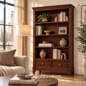 Solid <strong>Mahogany</strong> Wood <strong>Bookcase</strong> with 2 Drawers Classic Wooden Bookshelf for Living Room Home Office Furniture - Product Image 1